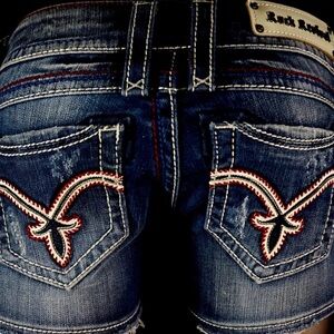 $180 Buckle Rock Revival Jeans "Becky" Candy Cane Leather Inserts Shorts NWOT